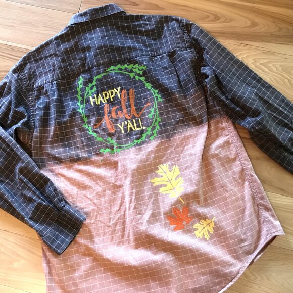Bleached Flannel Painted Shirt, Size Medium: Upcycled, Autumn Theme Fall Leaves - Picture 1 of 13